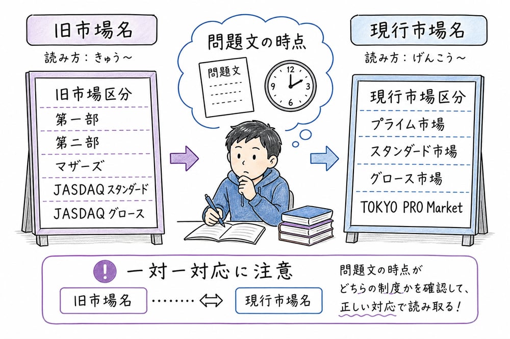 旧市場区分と現行市場区分を問題文の時点で分けて読むことを示す図解