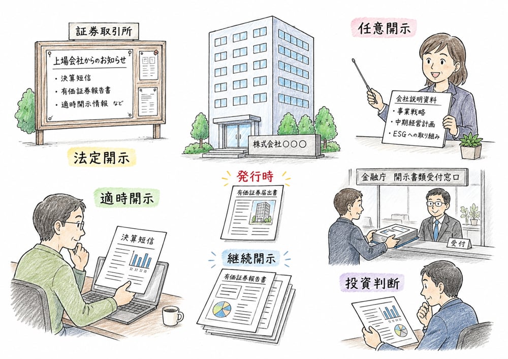 ディスクロージャーの全体像を、法定開示・適時開示・任意開示と投資判断の関係で整理する図解