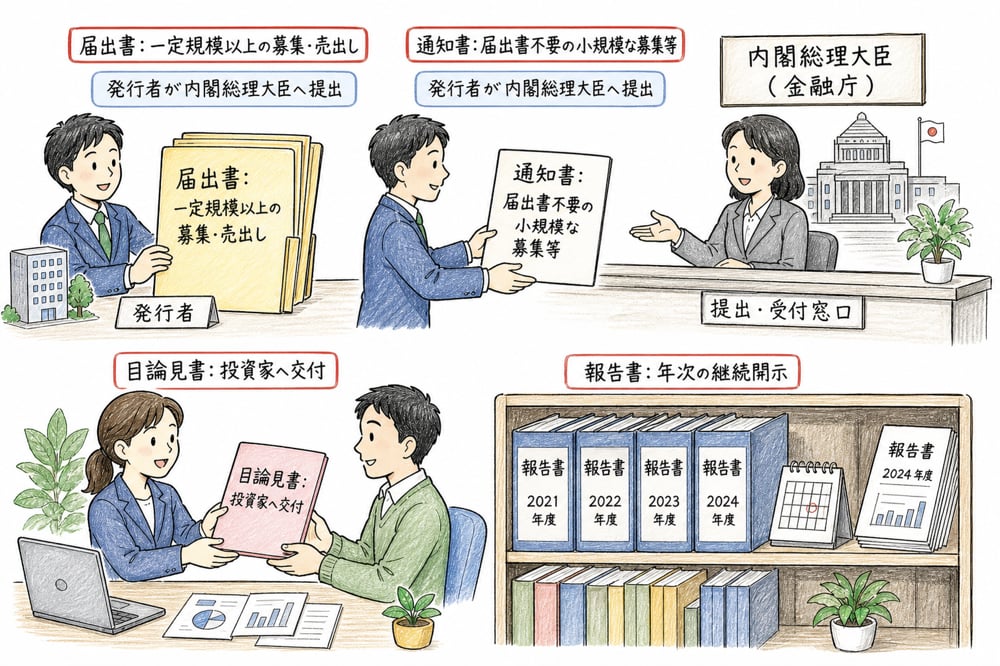 有価証券届出書・通知書・目論見書・有価証券報告書の役割を整理する図解