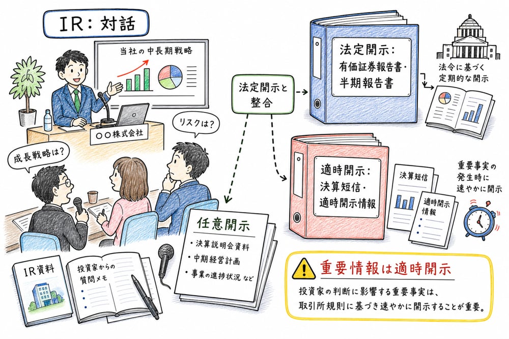 IRを投資家との対話として位置づけ、法定開示や適時開示と区別する図解