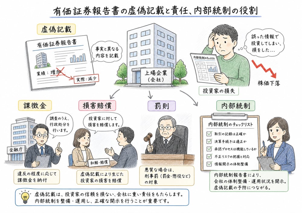 有価証券報告書の虚偽記載等と課徴金・損害賠償・罰則・内部統制の関係を整理する図解