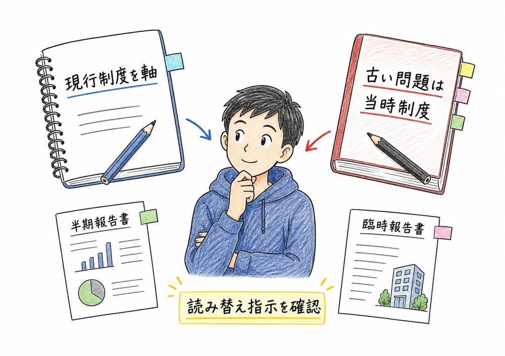 四半期報告書制度改正後に現行制度と古い過去問の前提を切り分ける図解