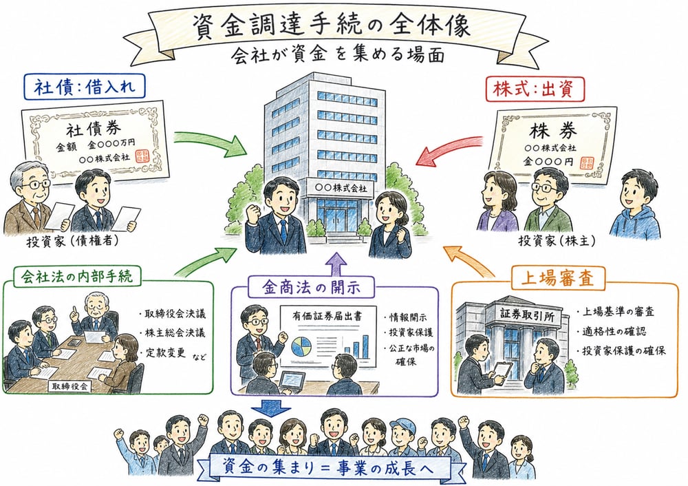 資金調達手続を社債、株式、会社法、金融商品取引法、上場審査に切り分ける図解
