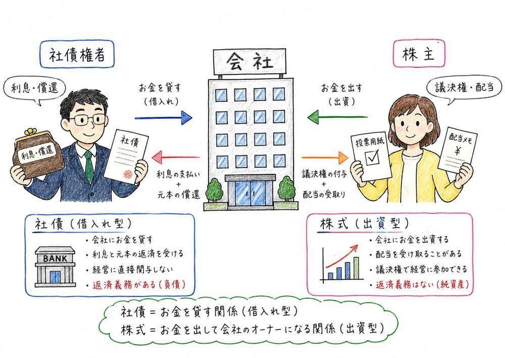 社債権者と株主の立場の違いを比較する図解