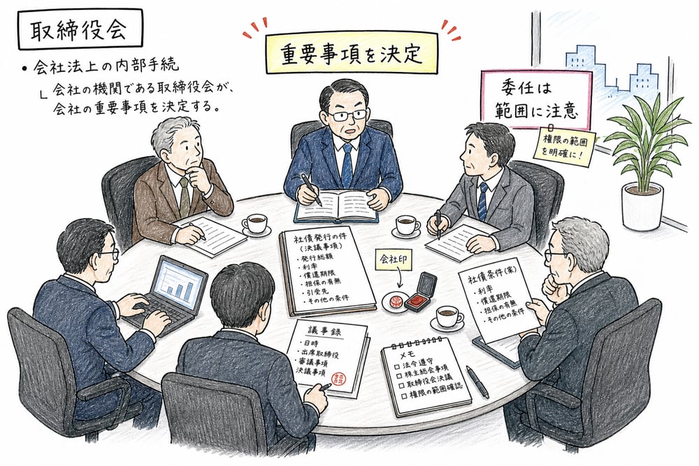 取締役会が募集社債の重要事項を決定することを示す図解