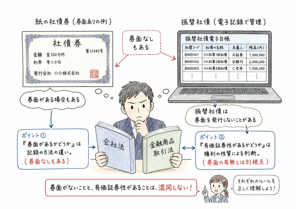 社債券不発行と振替社債と有価証券性の判断軸を分ける図解