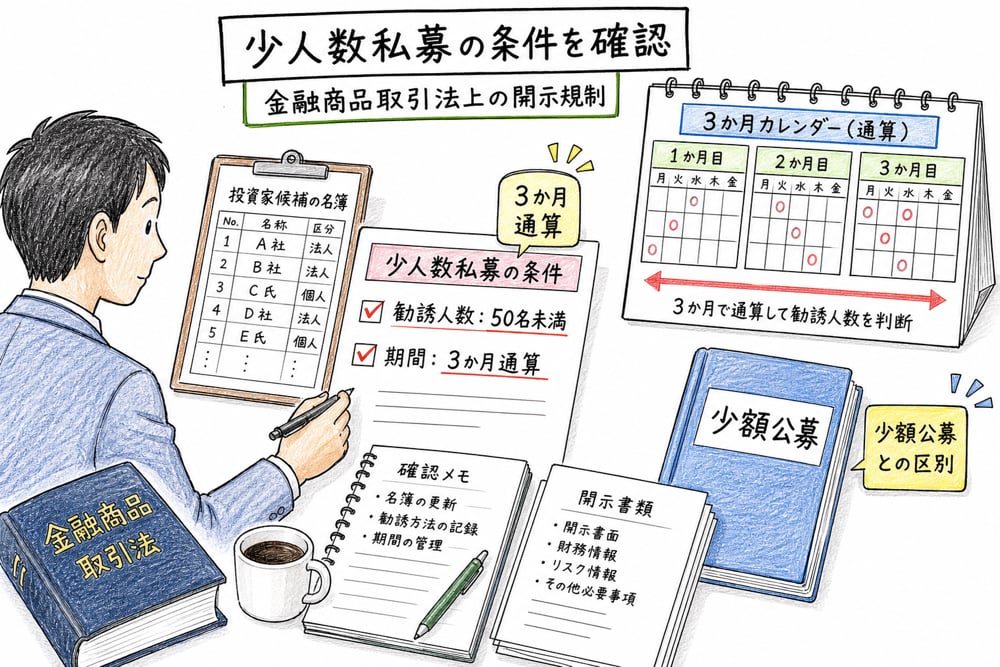 少人数私募を勧誘人数、50名未満、3か月通算で判断する図解