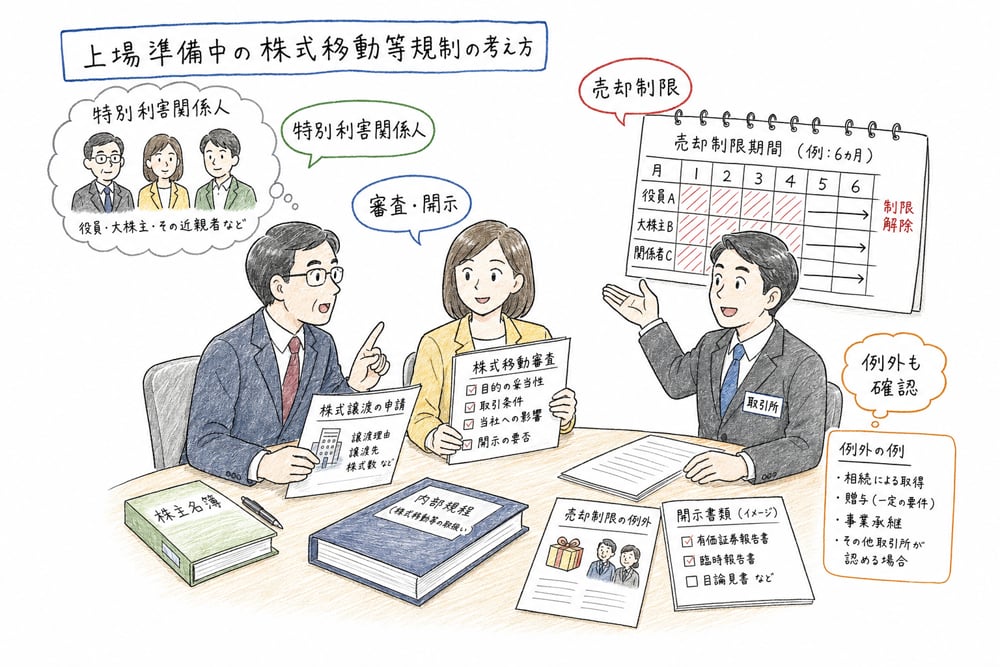 上場準備中の株式移動を審査、開示、売却制限で整理する図解