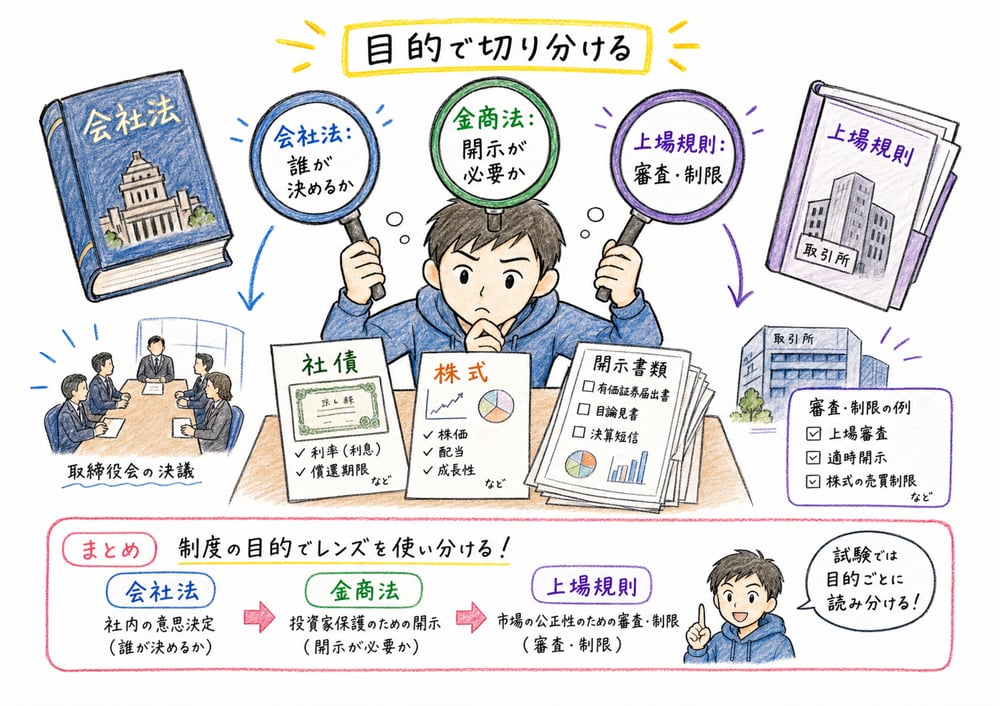 会社法、金融商品取引法、上場規則を制度目的で切り分けるまとめ図解