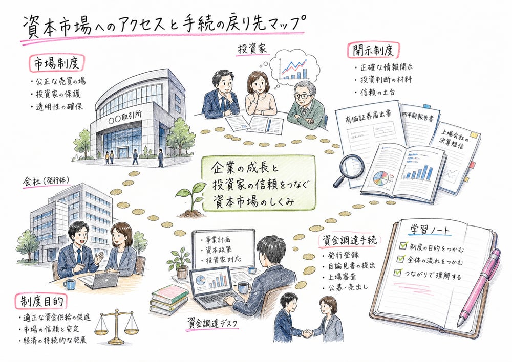 資本市場へのアクセスと手続を市場制度、開示制度、資金調達手続へ分ける図解