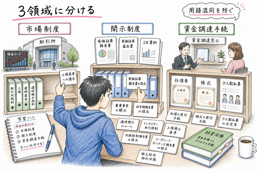市場制度、開示制度、資金調達手続の3領域に用語を仕分ける図解