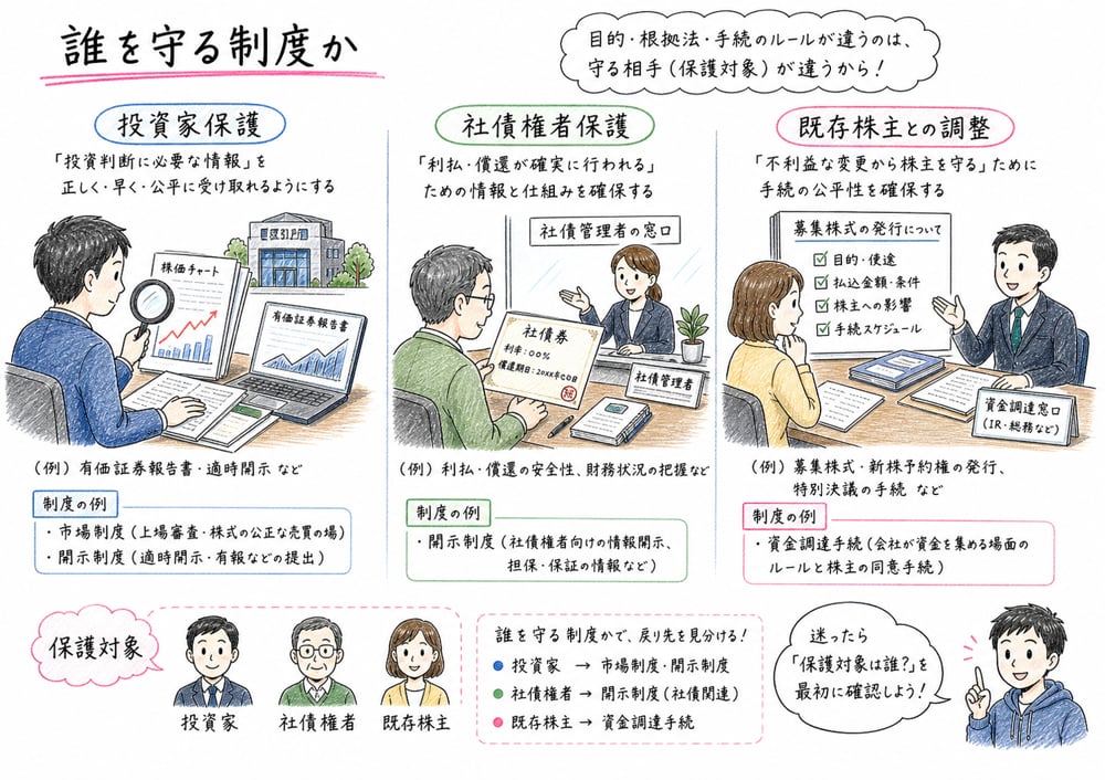 投資家、社債権者、既存株主の保護対象で制度を見分ける図解