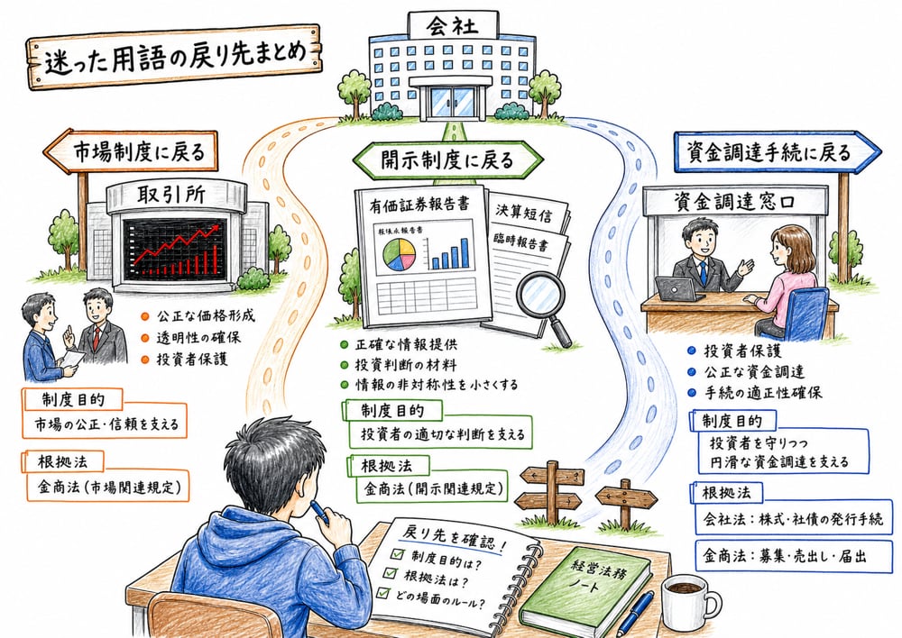 迷った用語を市場制度、開示制度、資金調達手続へ戻すまとめ図解