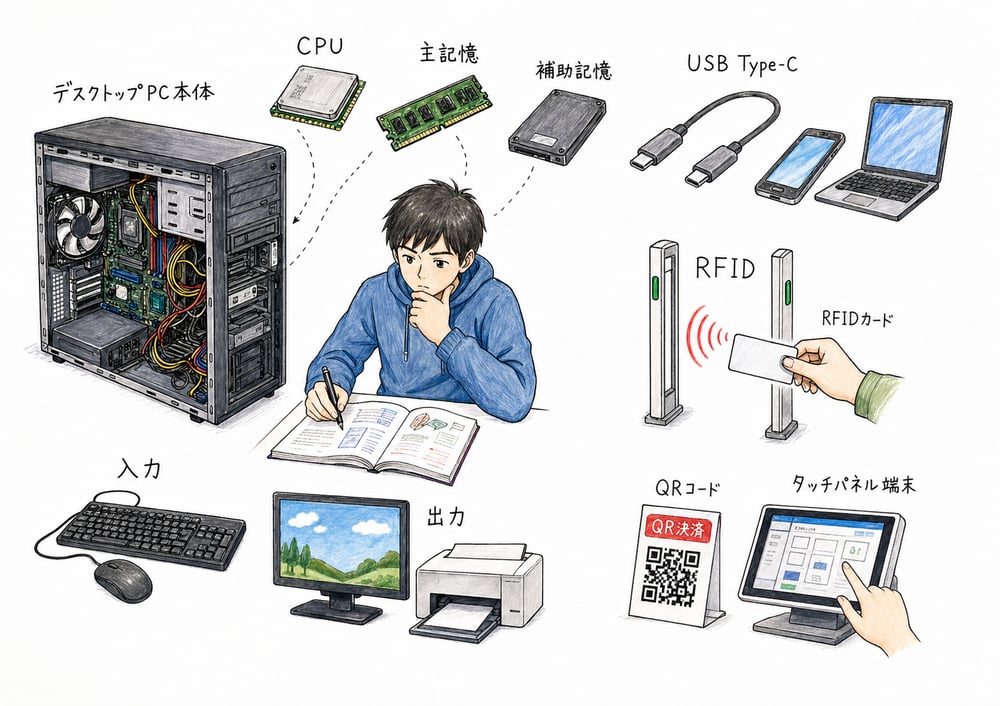 CPU、記憶、入出力、USB Type-C、RFID、QRコードを同じ場面で整理するハードウェア全体図