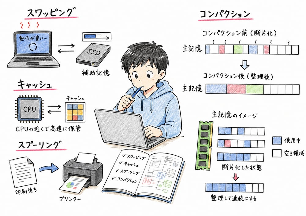 スワッピング、キャッシュ、スプーリング、コンパクションの違いをPCとプリンターで示す図解