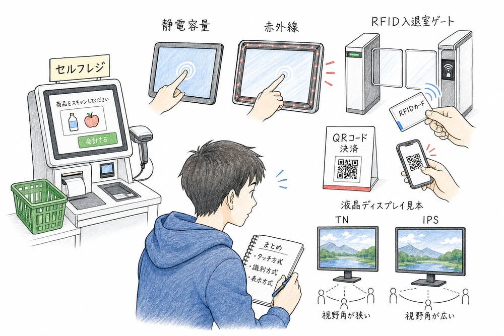 静電容量方式と赤外線方式のタッチパネル、RFID、QRコード、TN と IPS の違いをまとめた図解