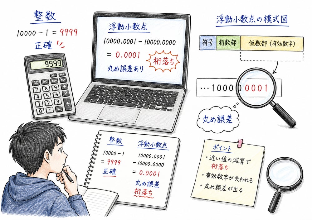 整数計算と浮動小数点計算の違い、丸め誤差と桁落ちを電卓とPCで確認する図解