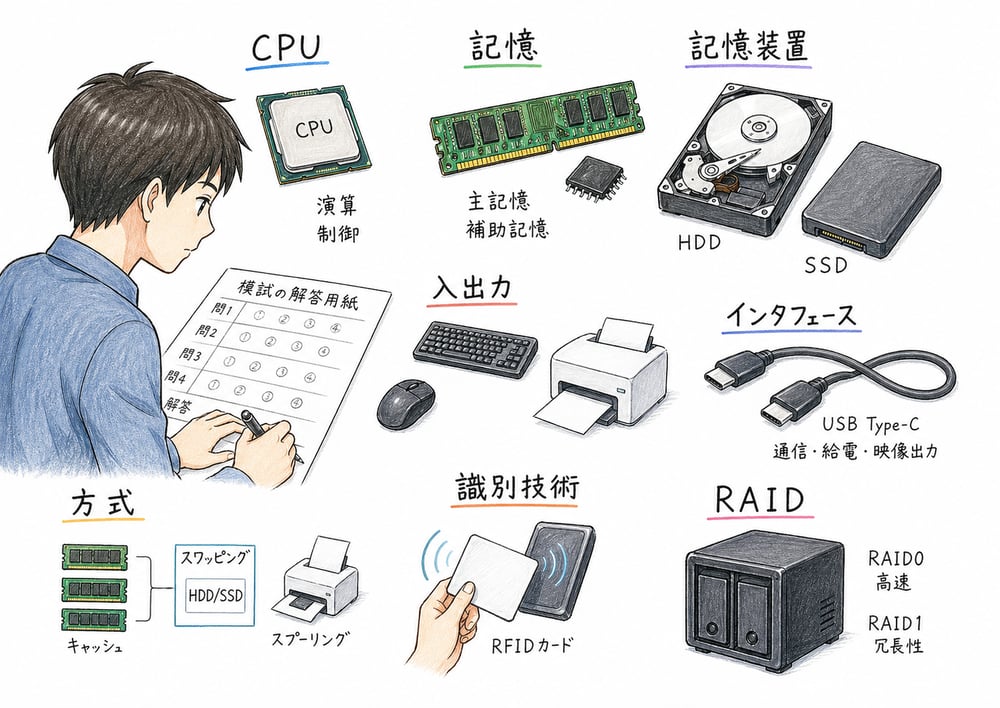 CPU、記憶、入出力、方式、インタフェース、識別技術を試験直前に見直すハードウェア総まとめ図解