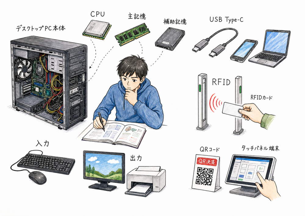 CPU、記憶、入出力、USB Type-C、RFID、QRコードを同じ場面で整理するハードウェア全体図
