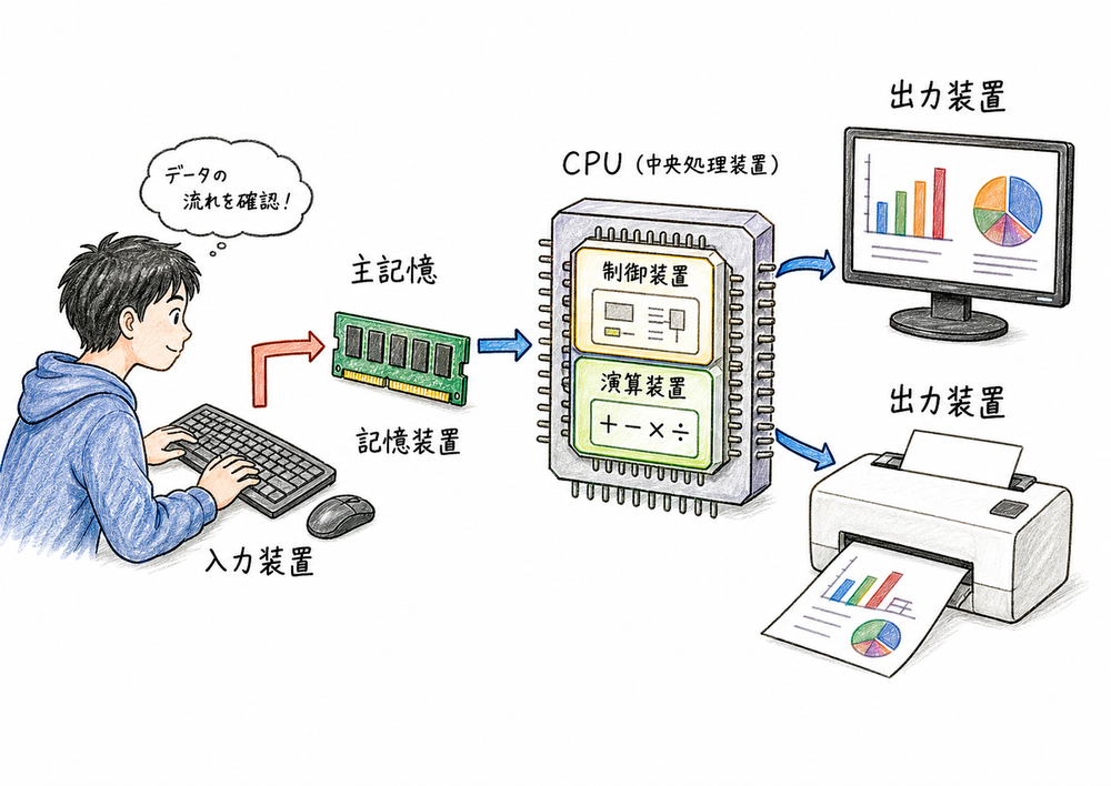 入力装置から主記憶、CPU内部の制御装置と演算装置、出力装置へ流れる五大装置のイメージ
