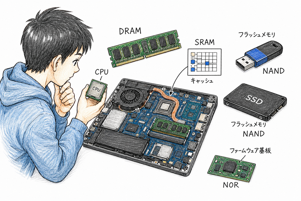 CPU、DRAM、SRAM、フラッシュメモリの役割と配置を見比べる半導体メモリ図解