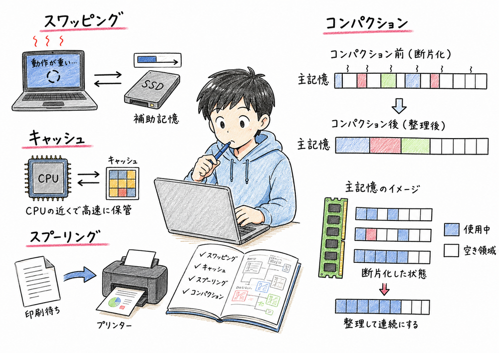 スワッピング、キャッシュ、スプーリング、コンパクションの違いをPCとプリンターで示す図解