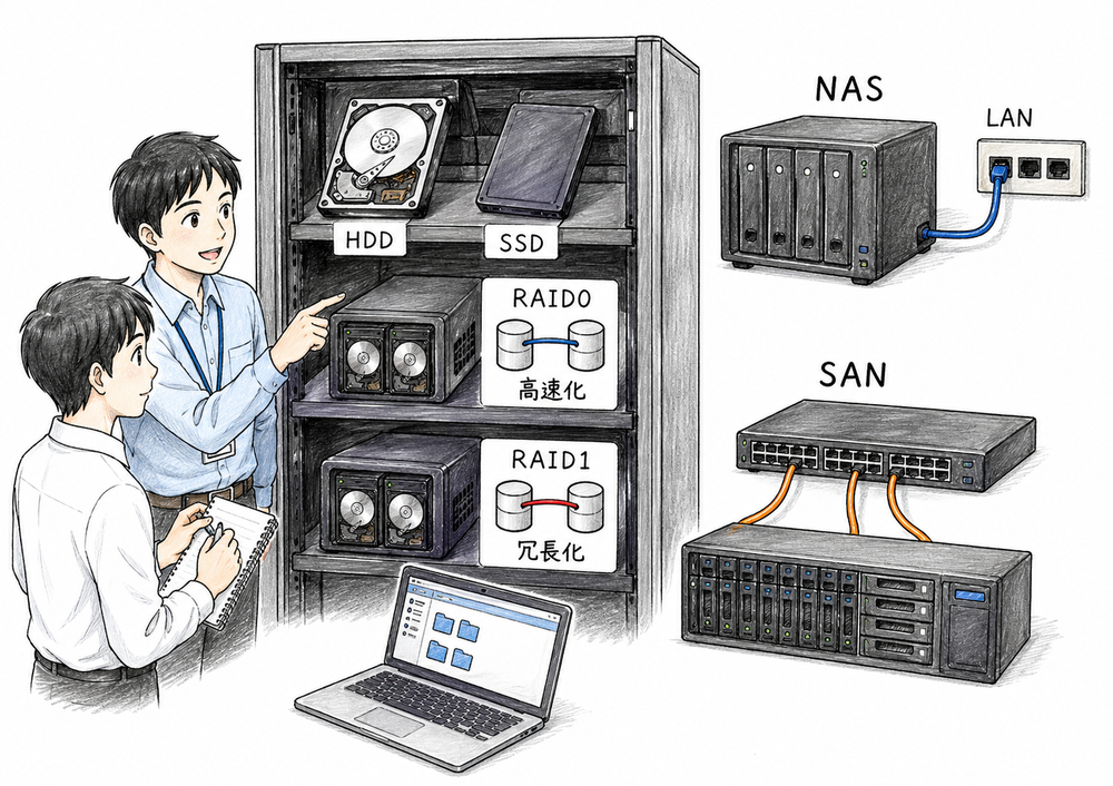 HDD、SSD、RAID0、RAID1、NAS、SANを小さなオフィスのストレージ構成で比較する図解