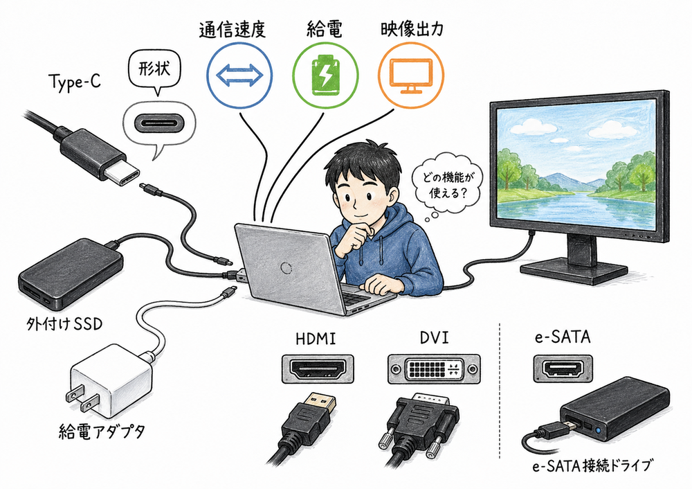 USB Type-C が形状であり、通信、給電、映像出力を別に確認する周辺機器インタフェース図解