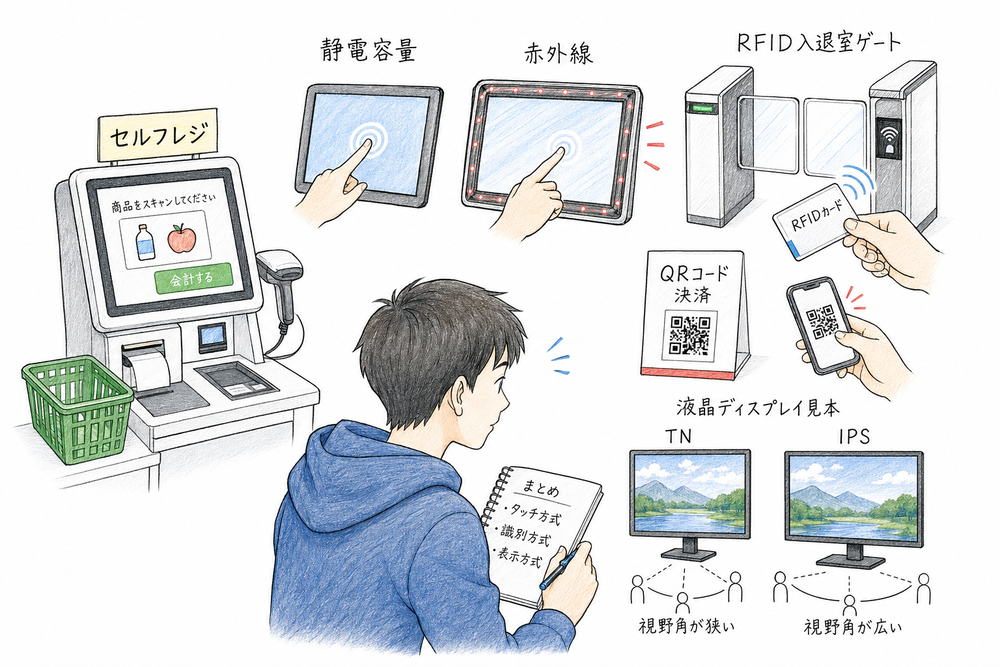 静電容量方式と赤外線方式のタッチパネル、RFID、QRコード、TN と IPS の違いをまとめた図解