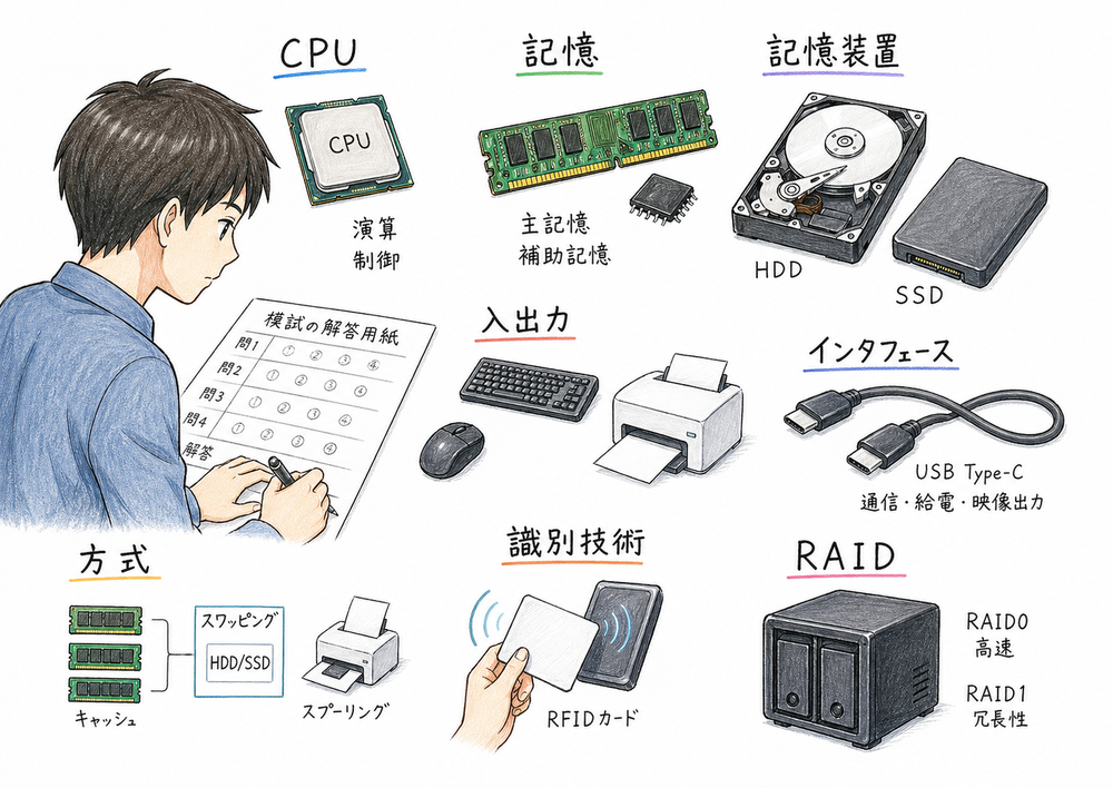 CPU、記憶、入出力、方式、インタフェース、識別技術を試験直前に見直すハードウェア総まとめ図解