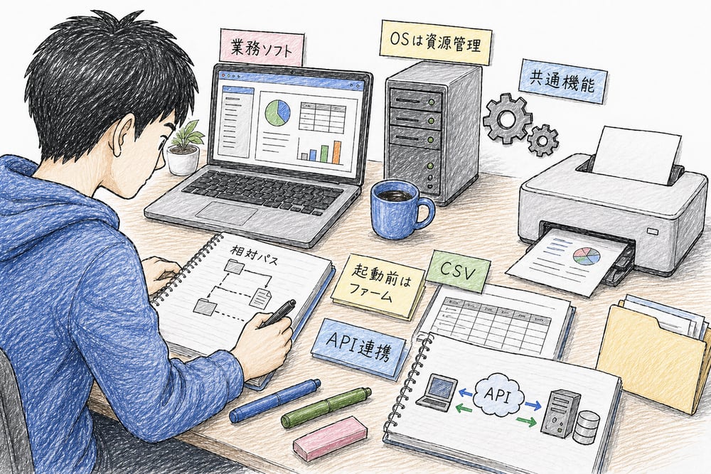 OS、ミドルウェア、アプリケーション、API、パス、CSVを短く整理した図解