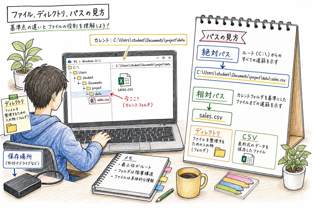 絶対パス、相対パス、ディレクトリ、CSV の違いをファイル操作の場面で示す図解