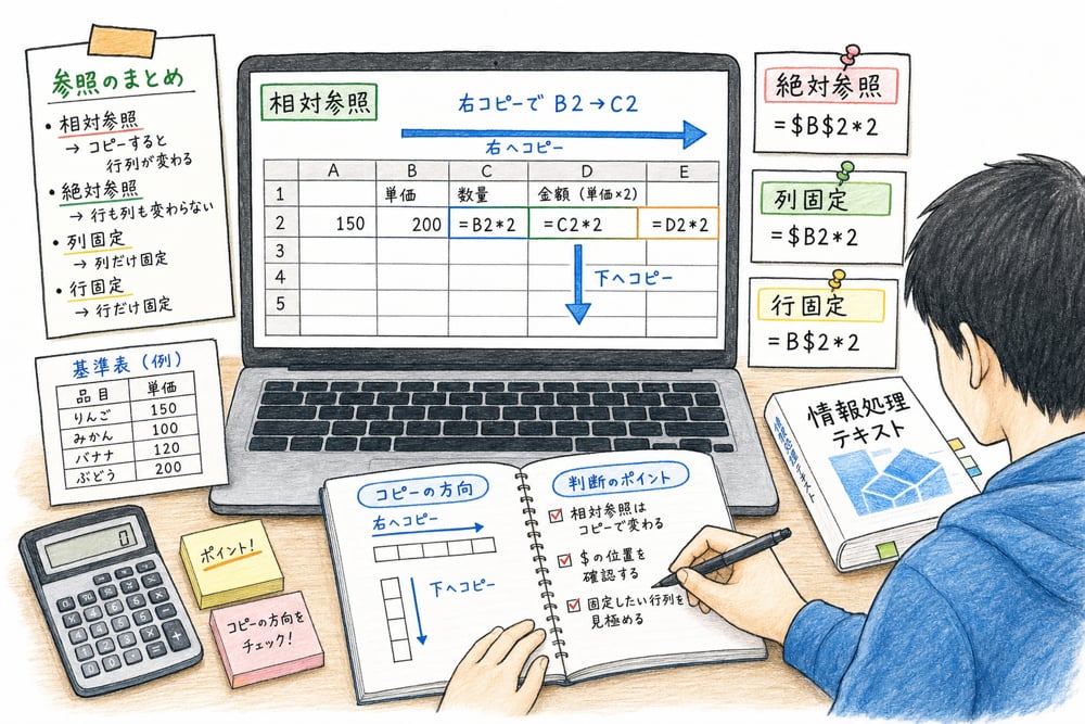 表計算で相対参照と絶対参照をコピー方向と固定箇所で見分ける図解