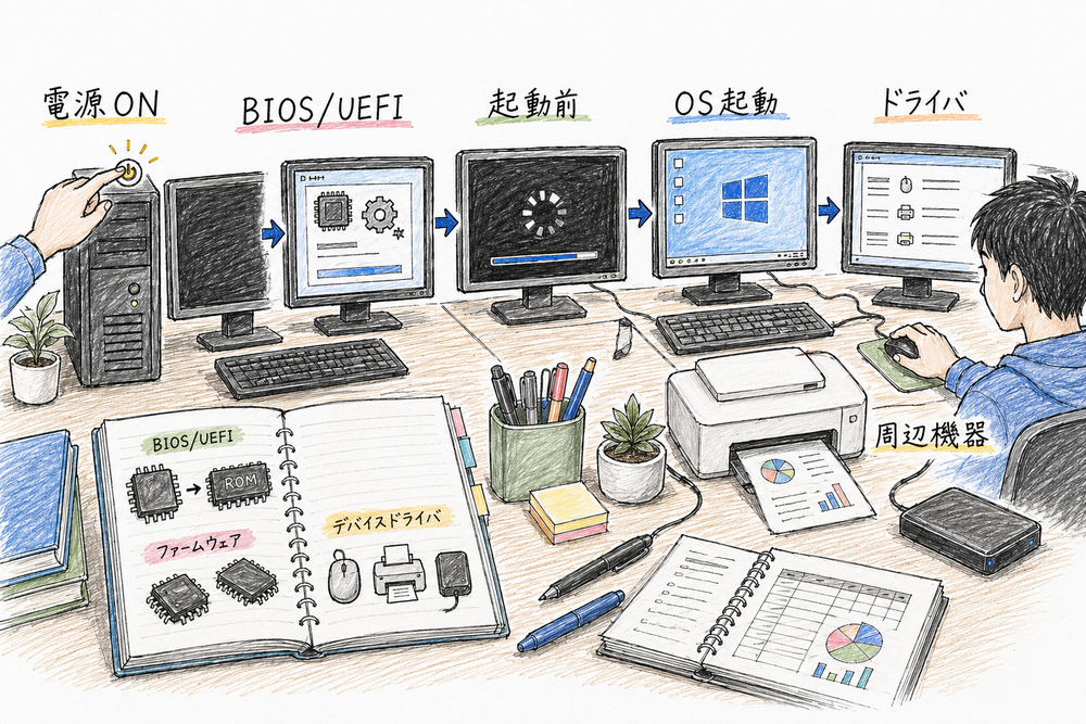 PC起動時にファームウェアが先に動き、OSからデバイスドライバ経由で周辺機器を使う流れの図解