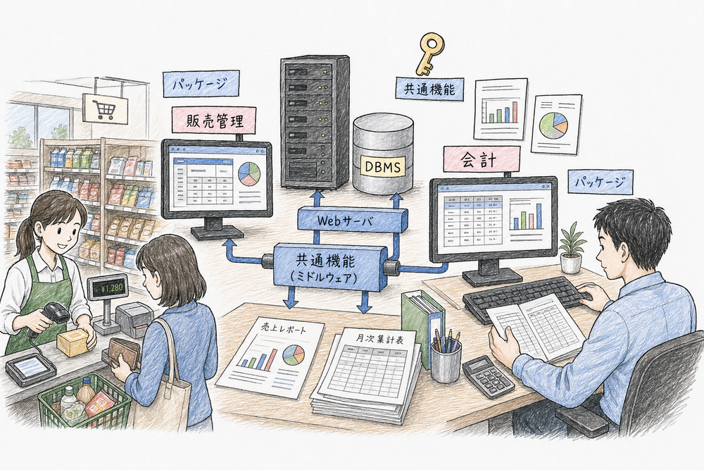 ミドルウェア、アプリケーション、パッケージソフトの役割の違いを業務場面で示す図解