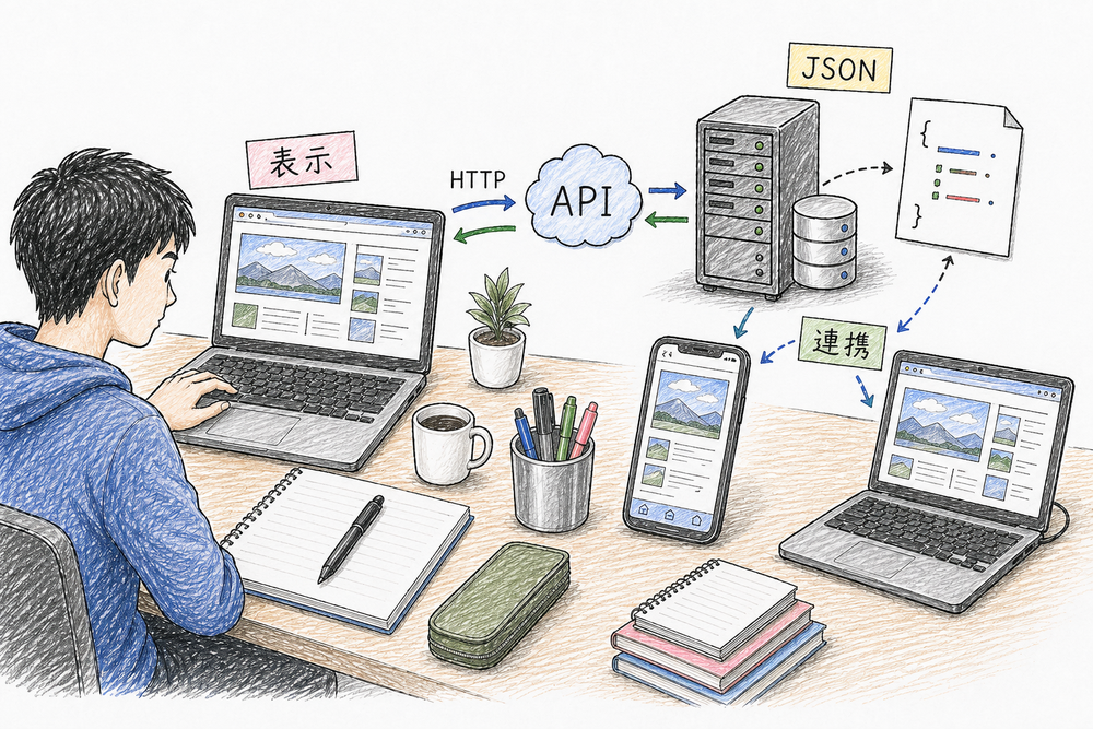 API、HTML、CSS、JavaScript、JSON、HTTP の役割を画面表示とデータ連携で切り分ける図解