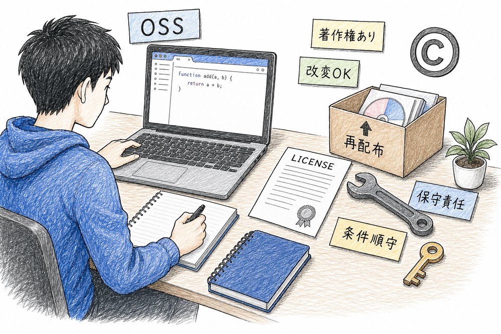 OSS とライセンスの基本を著作権、改変、再配布、保守責任で整理した図解
