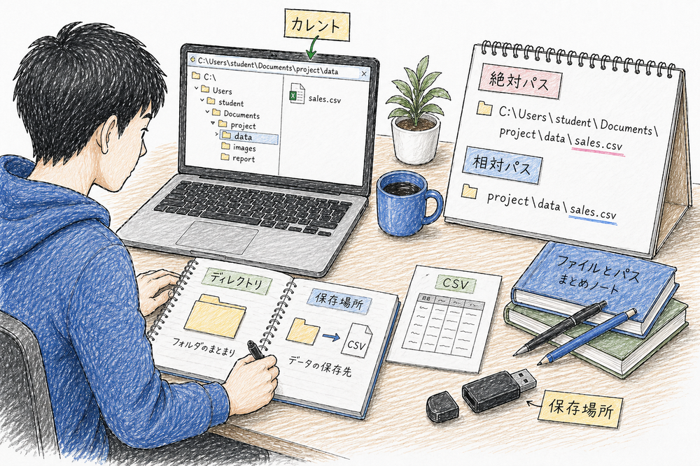 絶対パス、相対パス、ディレクトリ、CSV の違いをファイル操作の場面で示す図解