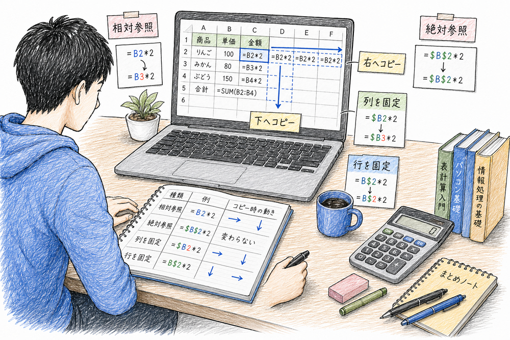表計算で相対参照と絶対参照をコピー方向と固定箇所で見分ける図解