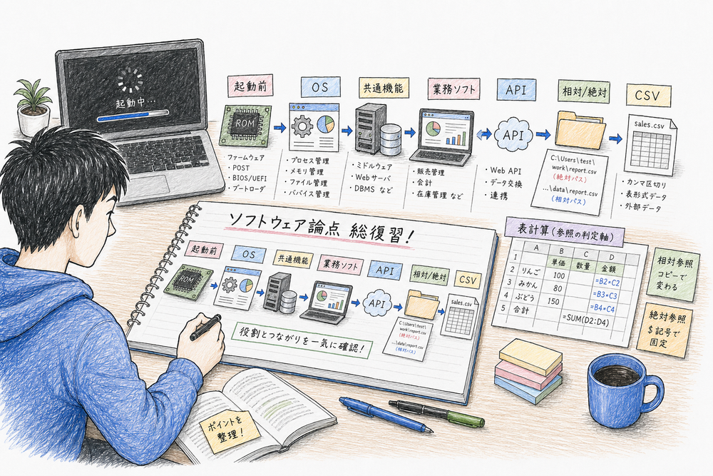 ソフトウェア論点を起動順、役割、データ形式、参照方式で総復習する図解