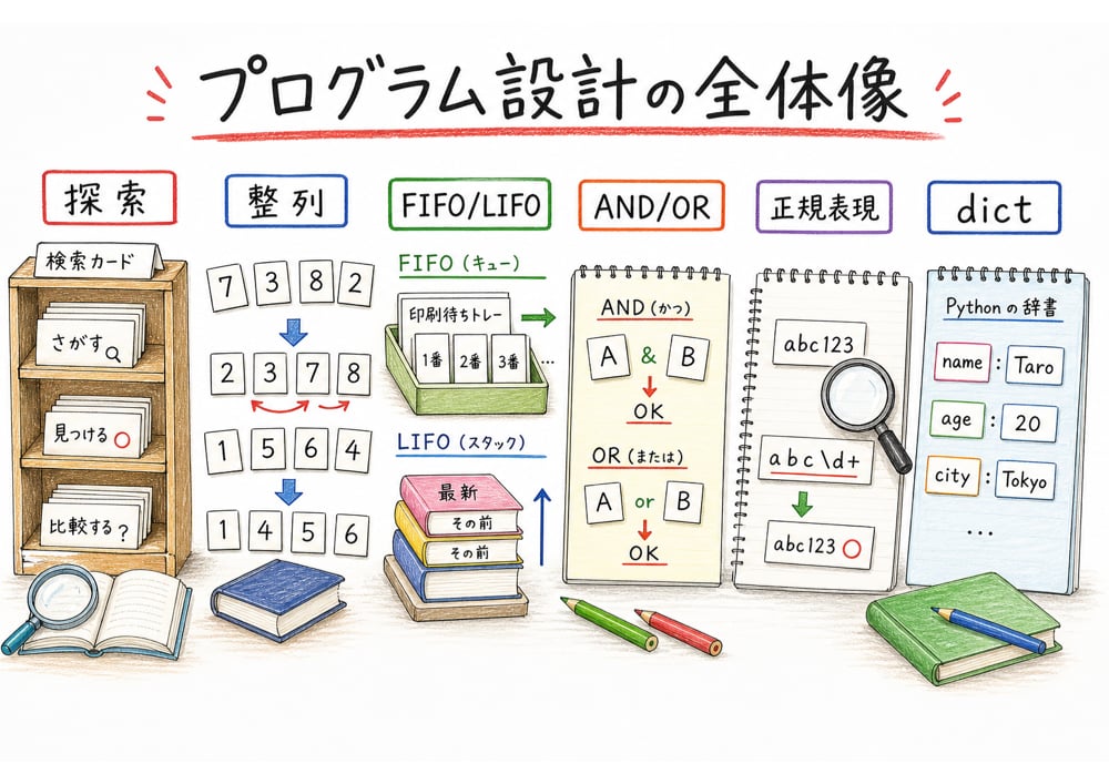 探索、整列、データ構造、条件式、正規表現の全体像をまとめた図解