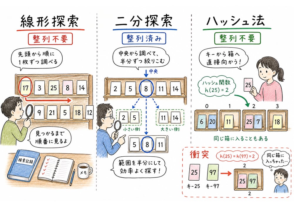 線形探索、二分探索、ハッシュ法の違いを具体物で比較した図解
