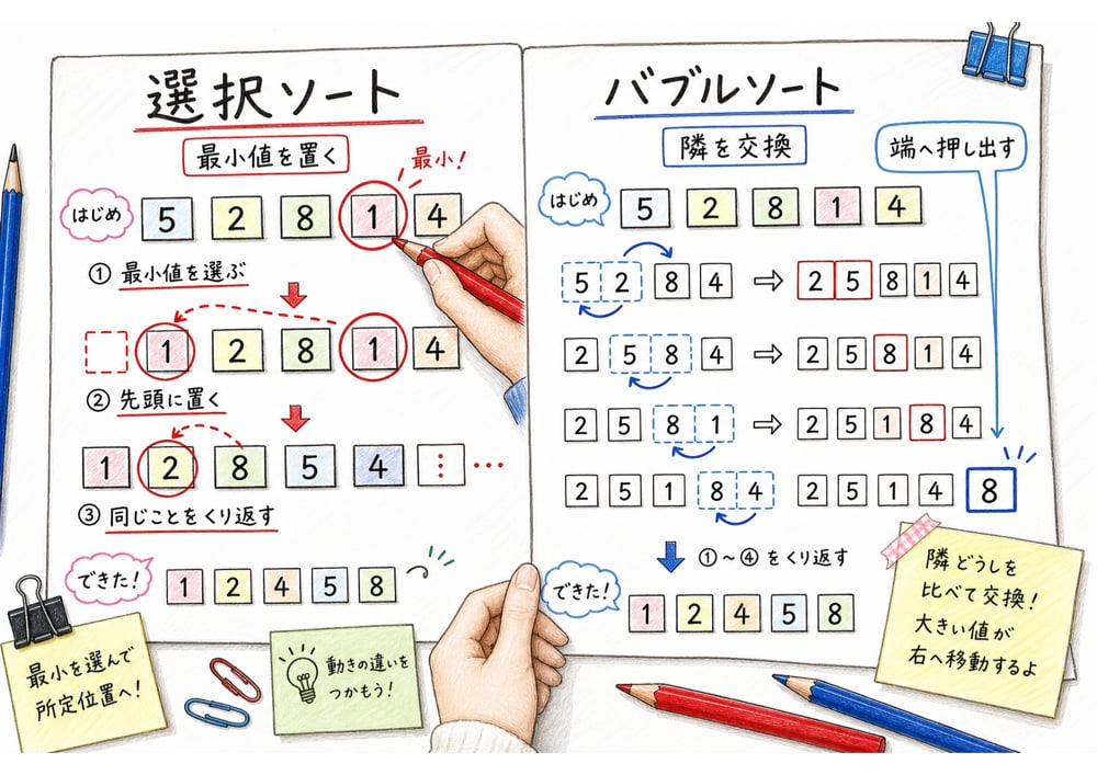 選択ソートとバブルソートの動きを並べて見せる図解