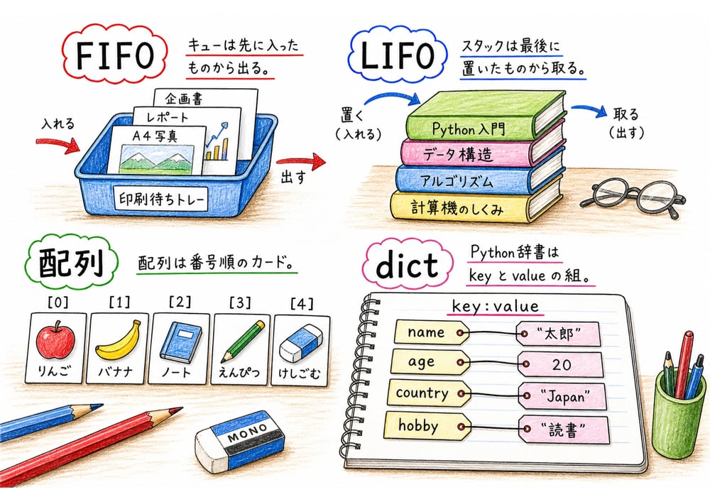 キュー、スタック、配列、Python辞書の役割を整理した図解