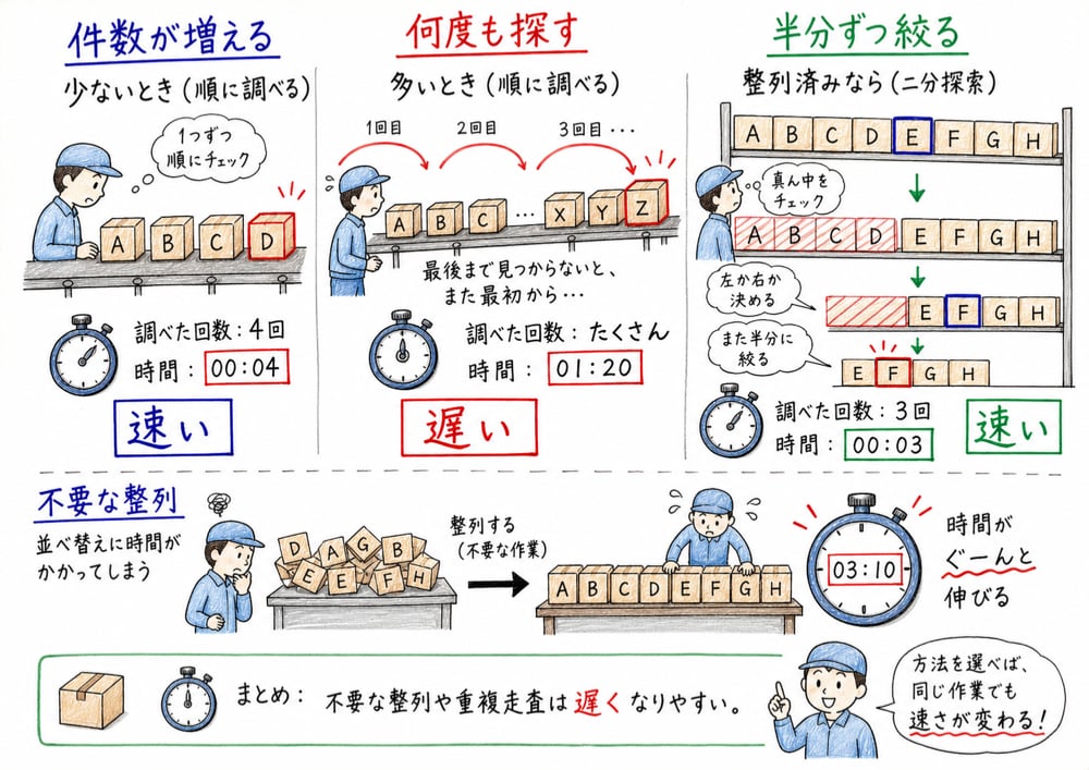 探索回数や不要な整列で処理時間が変わることを示す図解