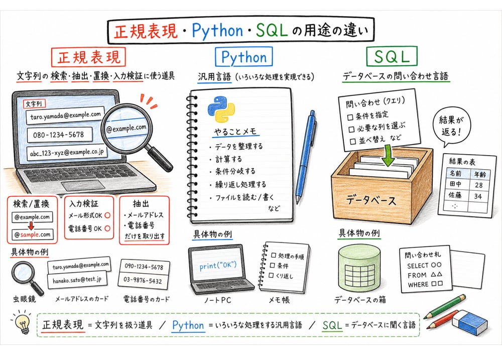正規表現、Python、SQLの用途の違いを示す図解