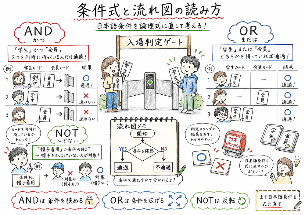AND、OR、NOTと流れ図の分岐を対応づける図解