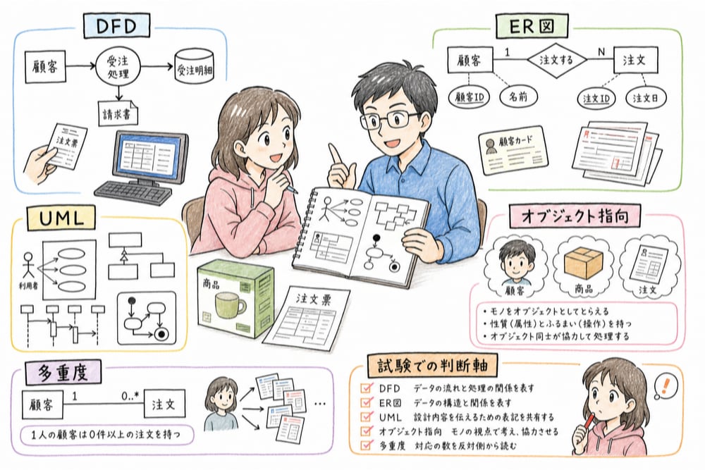 DFD、ER図、UML、オブジェクト指向、多重度の違いを具体物で整理する導入図解
