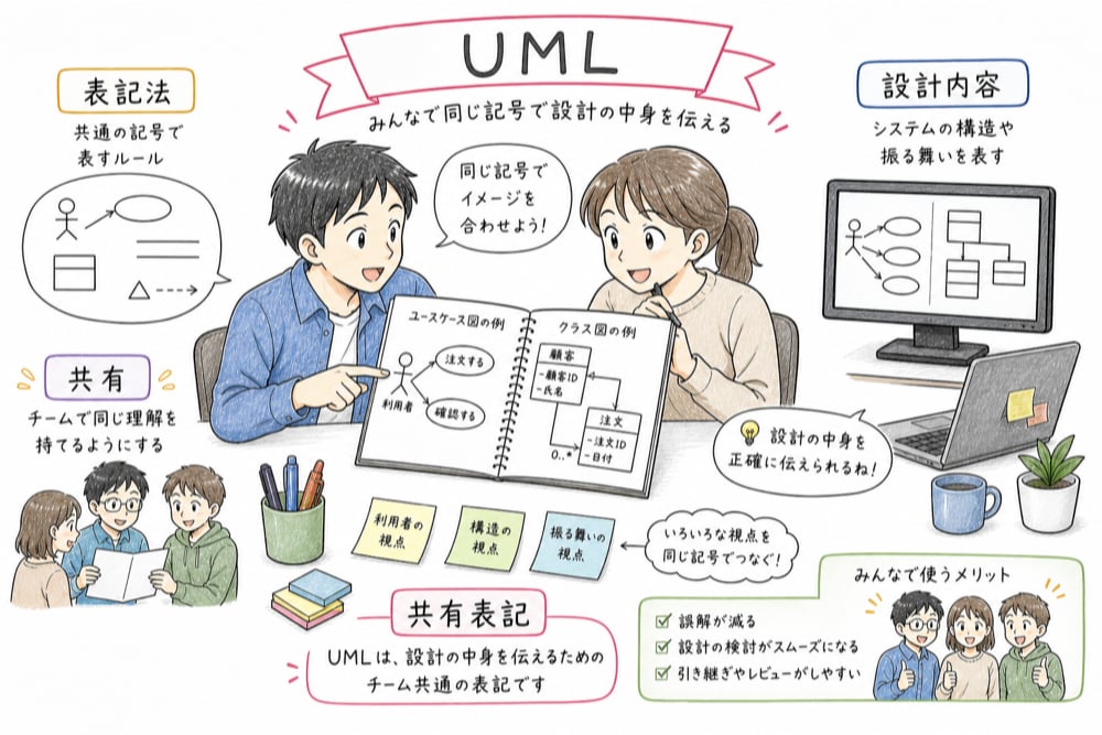 開発チームが設計ノートを共有しながらUMLを表記法として使う場面の図解