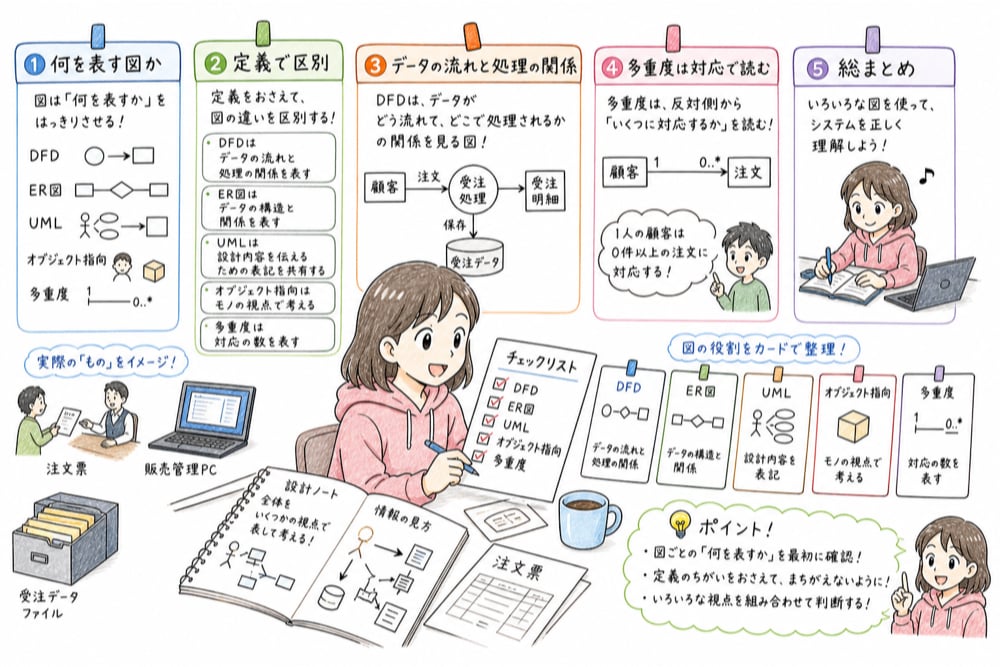 図法の違いと用語の定義、多重度の読み方を復習カードで整理する総まとめ図解